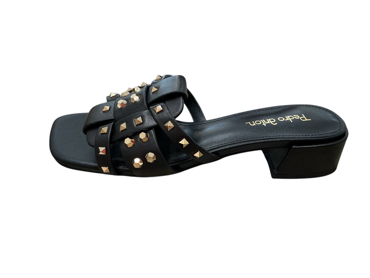 Pedro anton black woven leather slide with gold studded detail