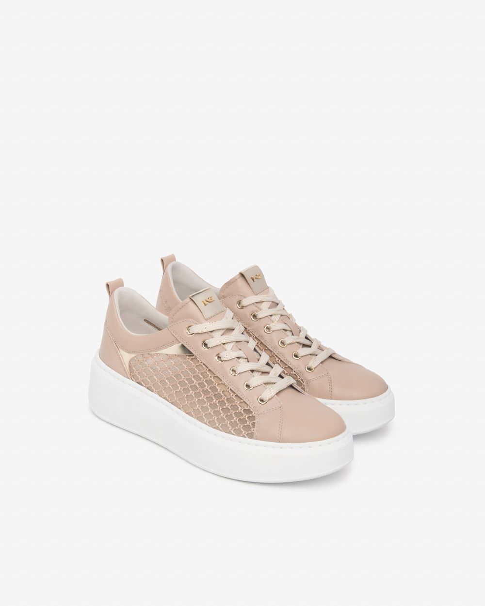 NeroGiardini beige and gold leather and canvas platform  sneakers - Melissakshoes