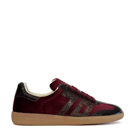 Back 70s burgundy and brown snakeskin suede and leather sneakers