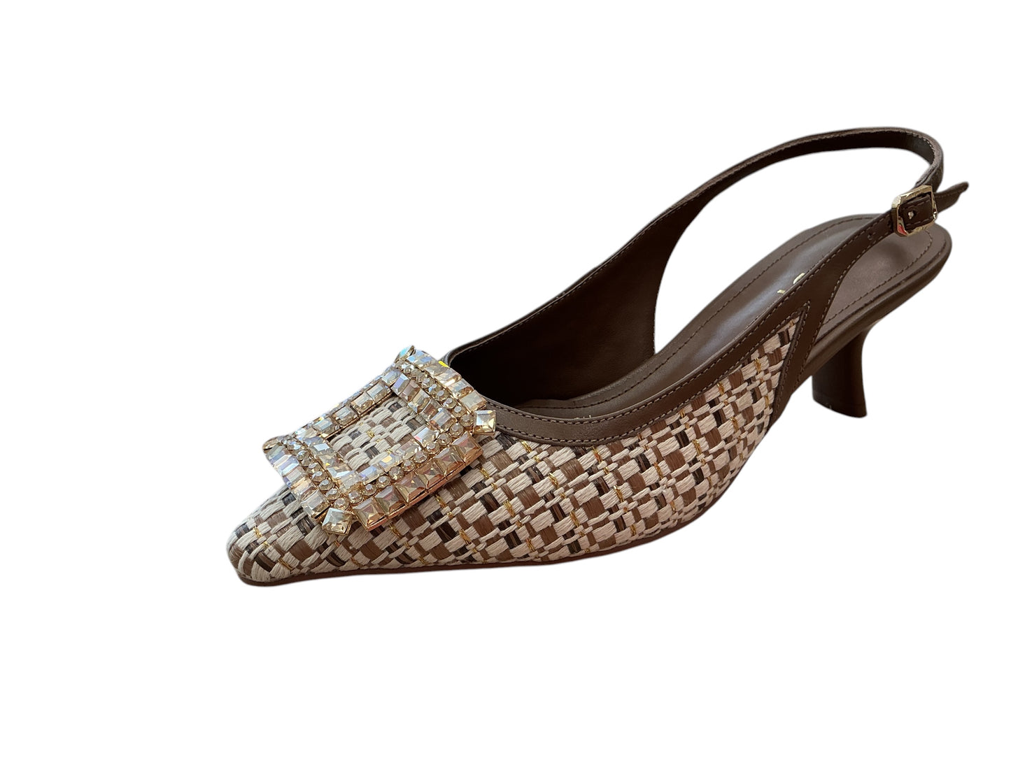 Lodi brown leather slingback with woven fabric detail
