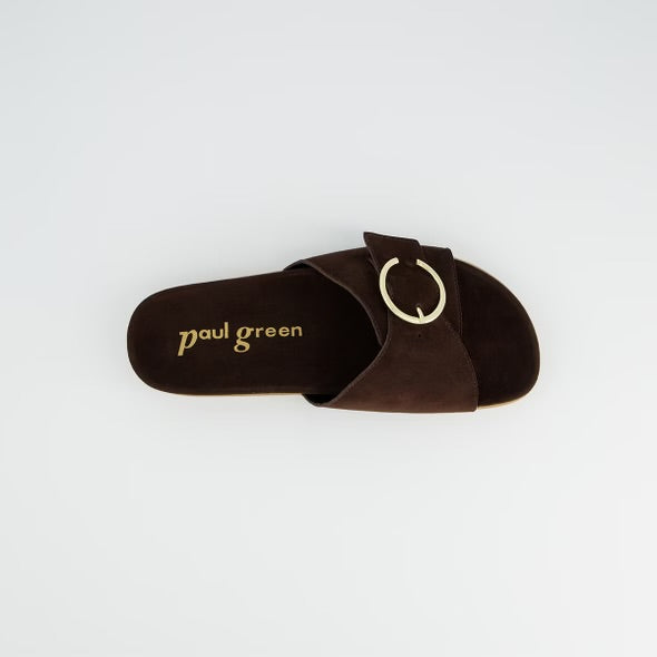 Paul green brown suede leather slide sandal with gold buckle - Melissakshoes