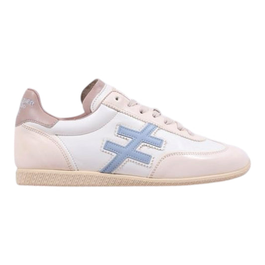 Another Trend  ivory and sky leather and suede retro sneakers