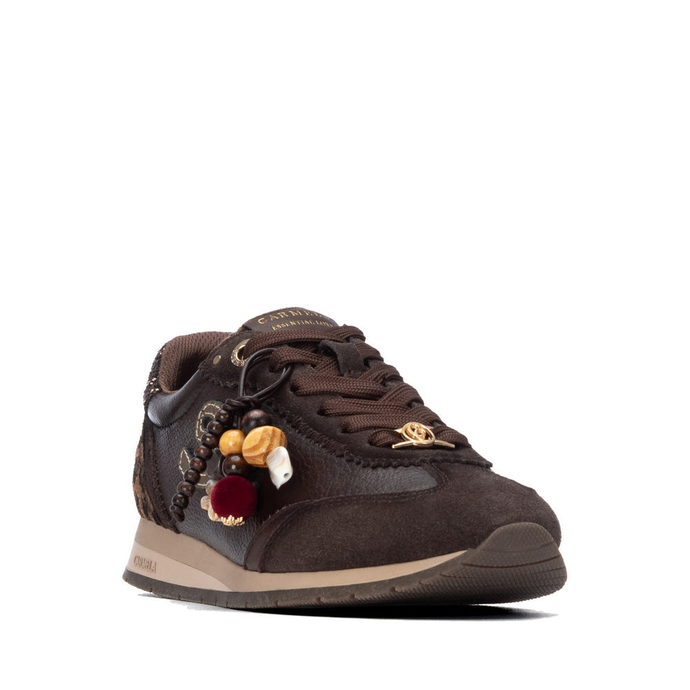Carmela brown leather sneakers with leopard print and metallic sparkle detail
