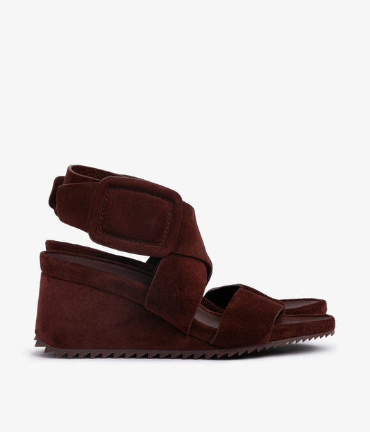 Pedro García burgundy suede wedge sandal with ankle strap