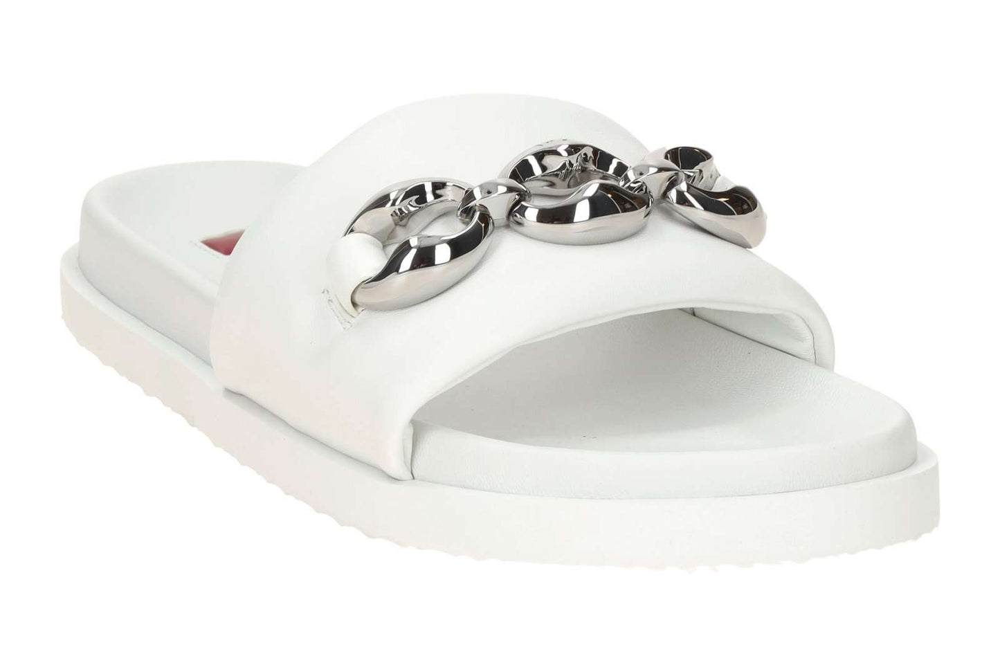 Hōgl white leather slides with silver chain detailing - Melissakshoes