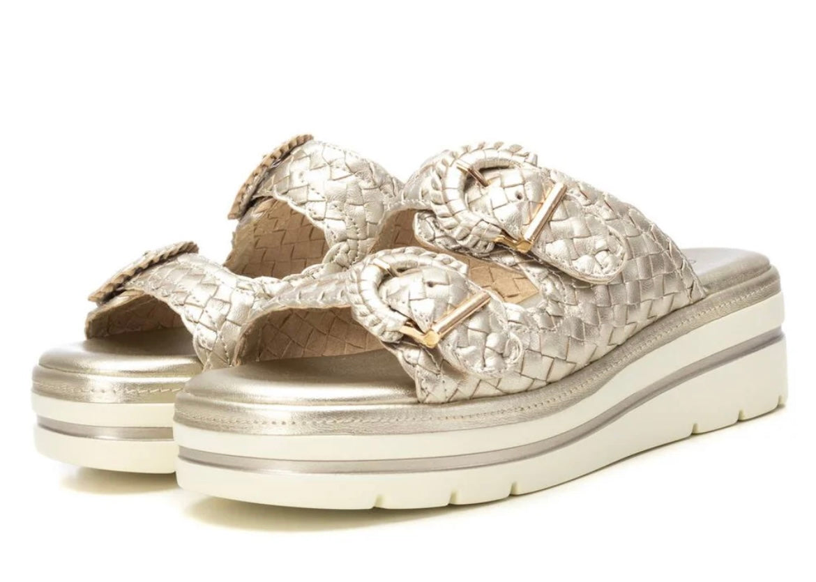 Carmela gold leather wedge slip on sandals