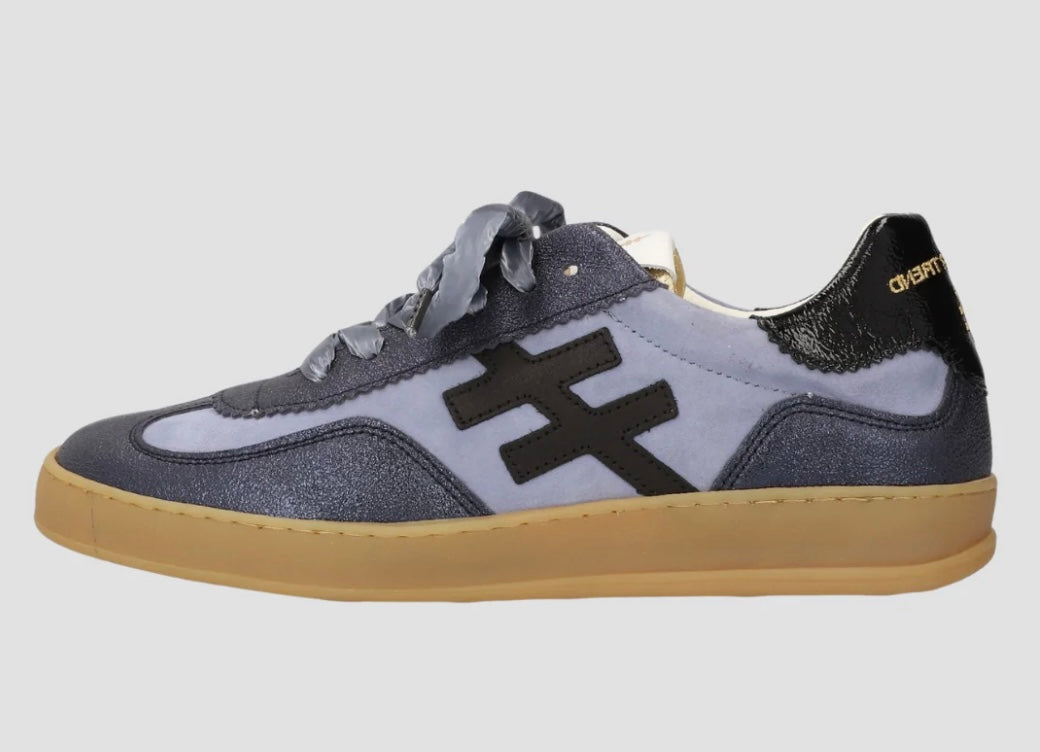 Another Trend Avalon Sky Blue Suede, Blue Sparkle Trainers with Black Heel