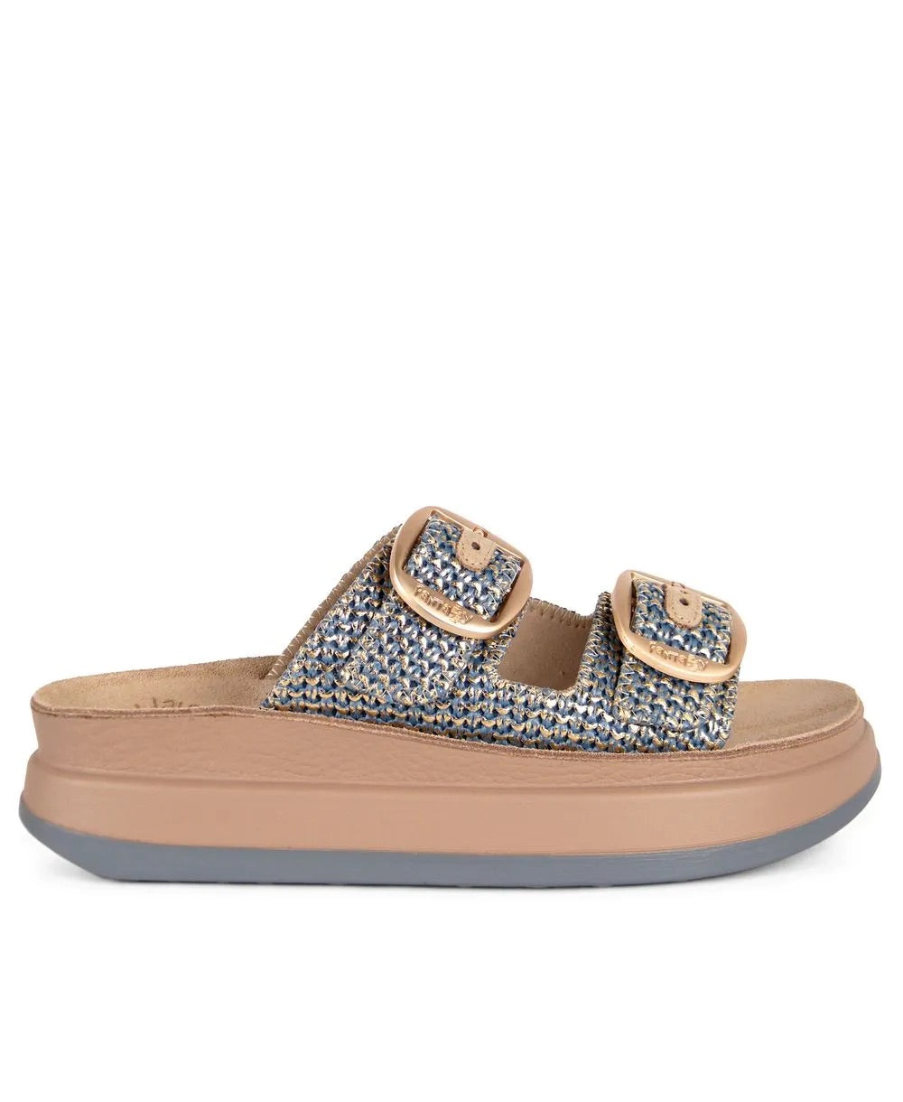 Fantasy sandals blue and gold raffia platform sandals