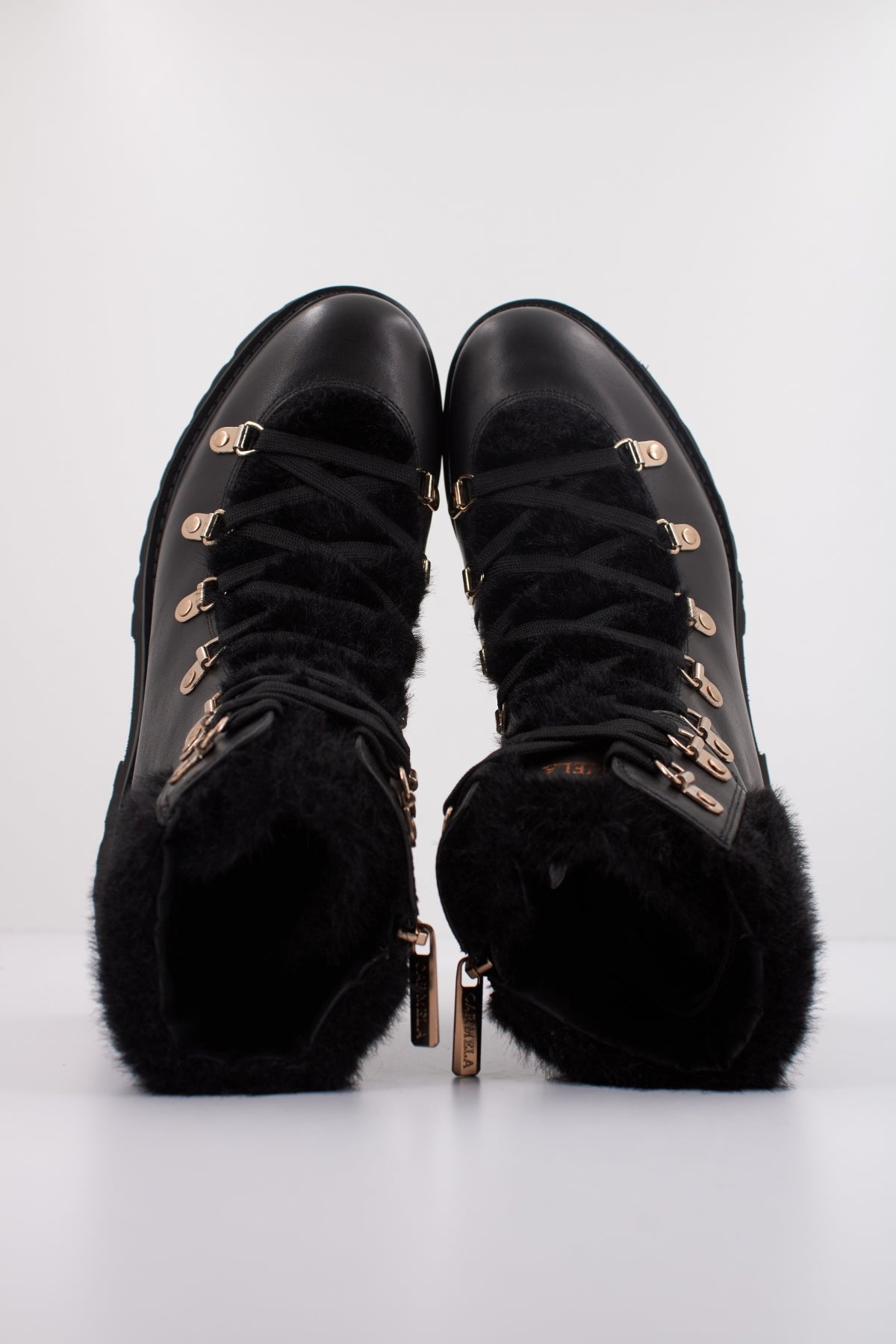Carmela black leather lace up boots with fur