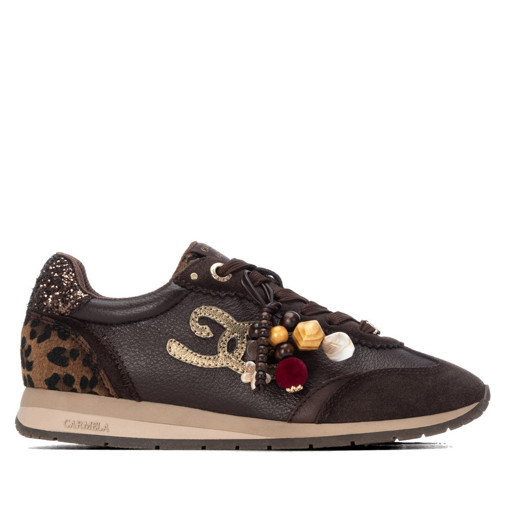 Carmela brown leather sneakers with leopard print and metallic sparkle detail