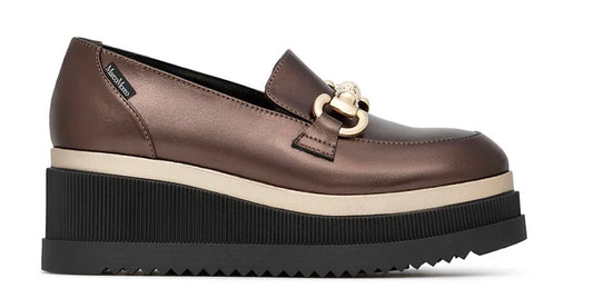 Marco Moreo bronze platform wedge slip on loafer with gold snaffle