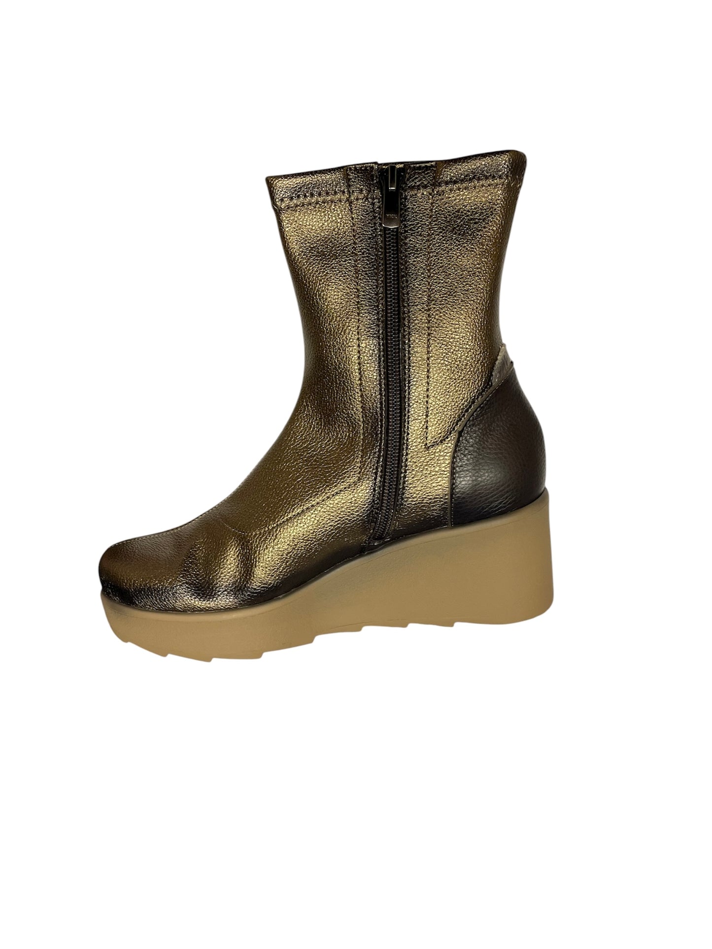 Jose Saenz metallic bronze and brown leather wedge ankle boots