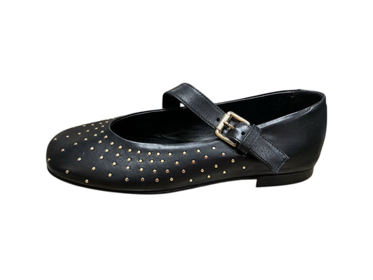 MJUS black leather Mary Jane ballerina pump with gold studs