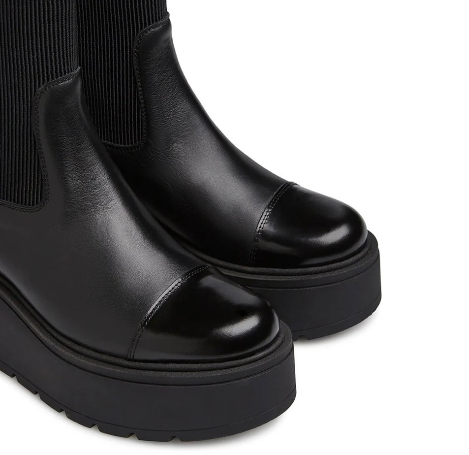 Marco Moreo black leather platform Chelsea pull up boot with patent toe