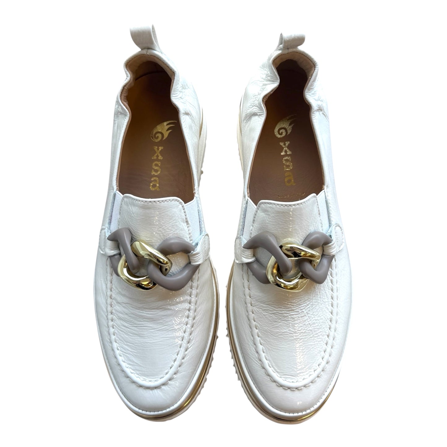 XSA white patent leather wedge moccasins