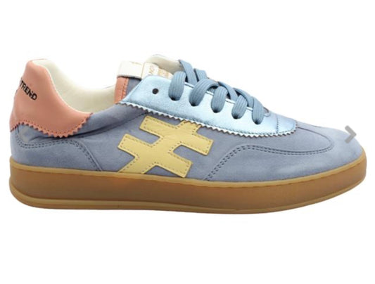 Another trend blue suede leather with peach and yellow detail