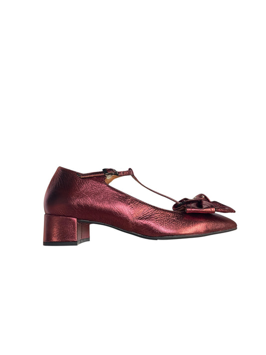 Marian leather metallic red t- bar  shoes with bow