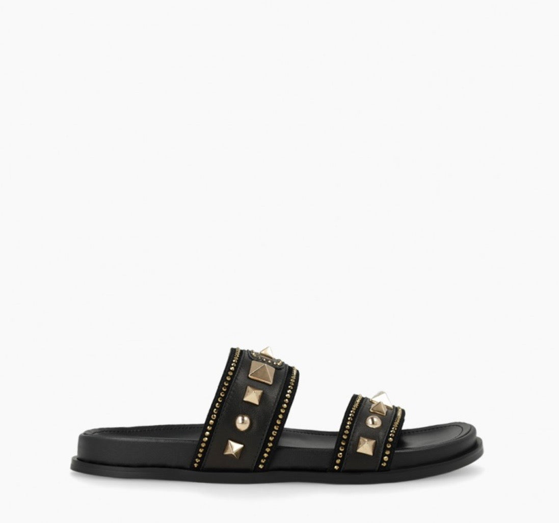 Lodi black leather sandals with gold detailing - Melissakshoes