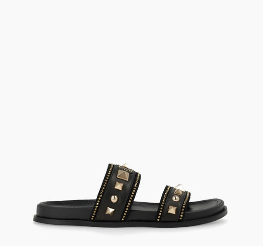 Lodi black leather sandals with gold detailing - Melissakshoes