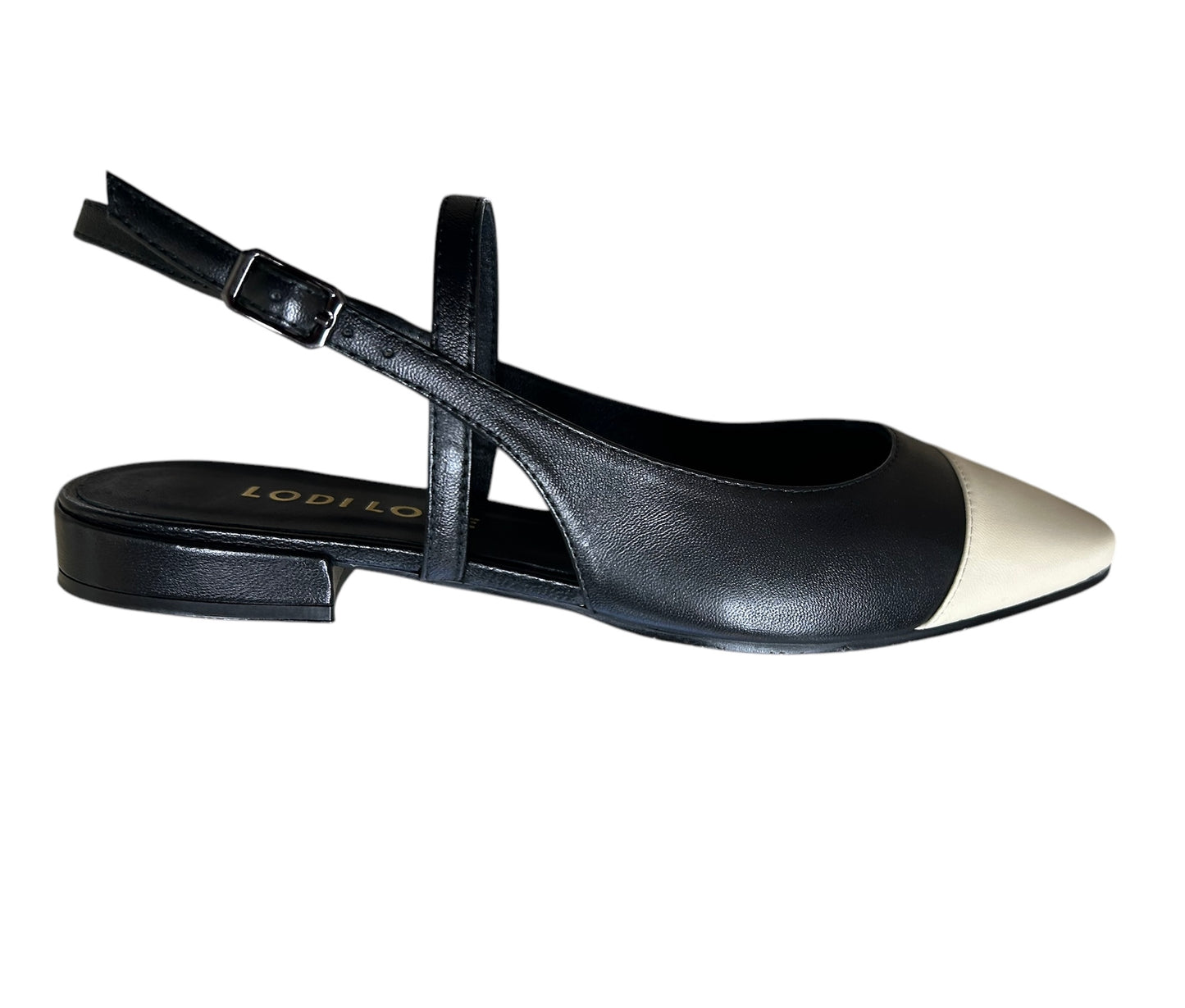 Lodi black and cream leather ballerina slingbacks