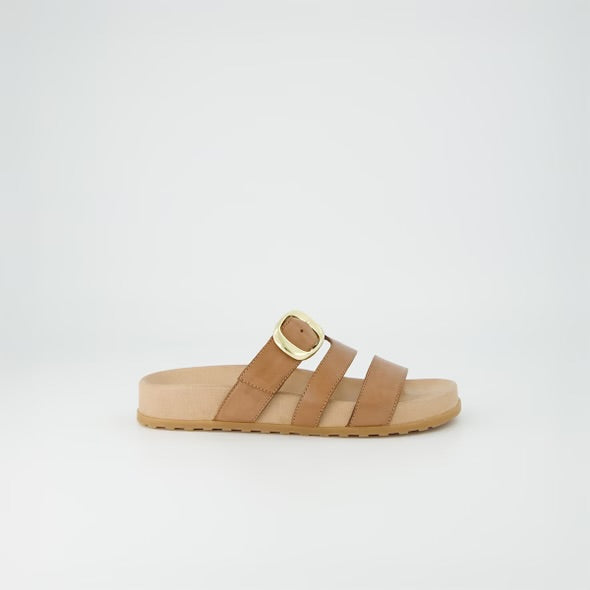 Paul green camel leather strapped slides with gold detailing - Melissakshoes