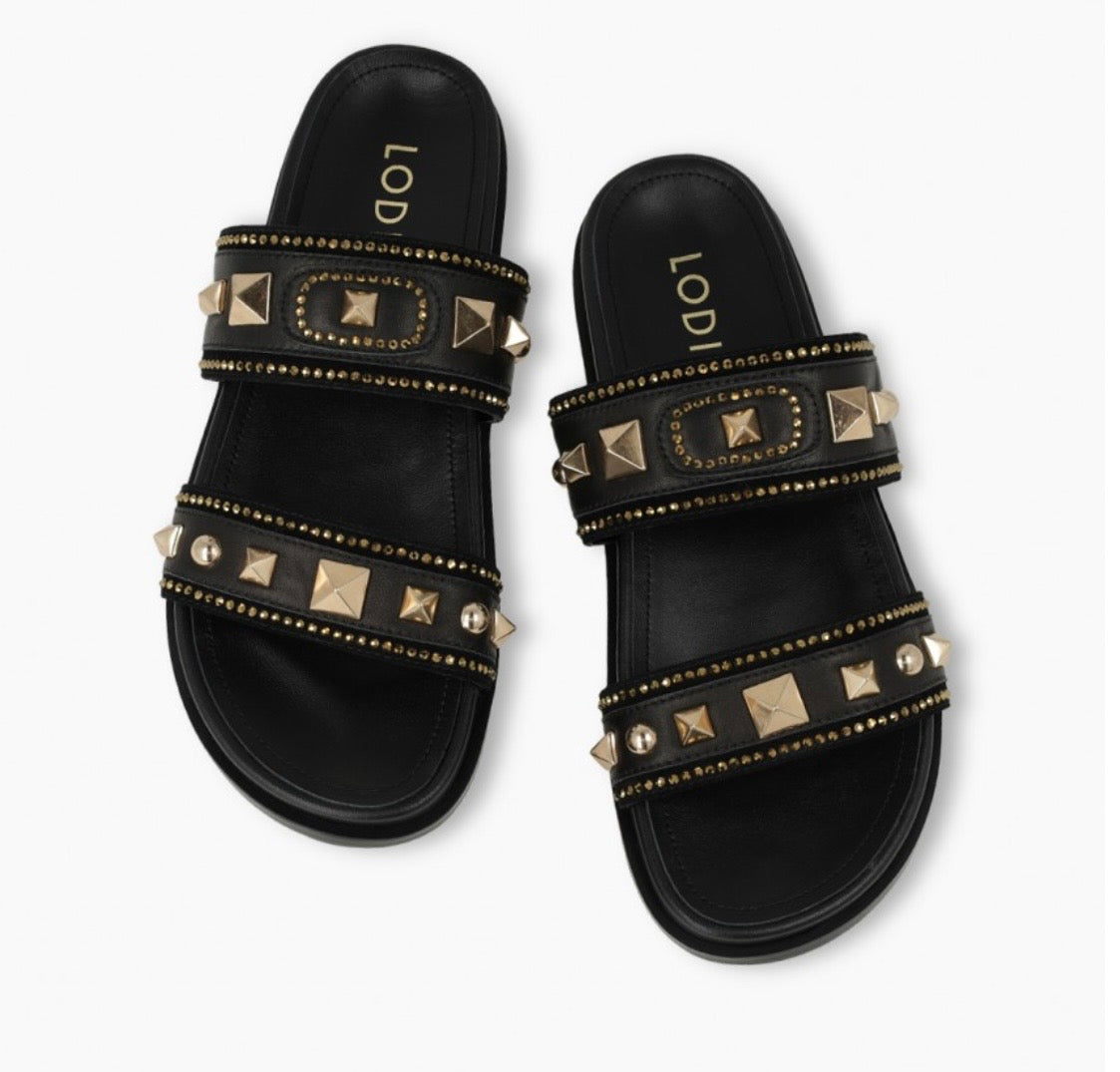 Lodi black leather sandals with gold detailing - Melissakshoes