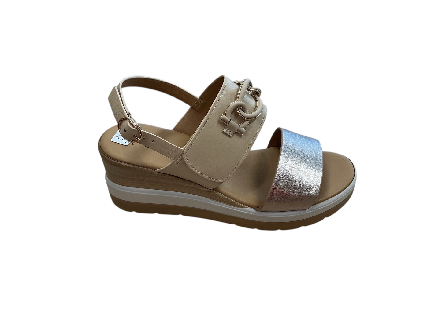 Repo gold and beige leather wedge sandal with chain detailing