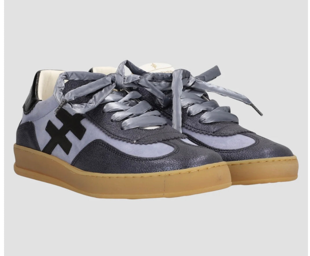 Another Trend Avalon Sky Blue Suede, Blue Sparkle Trainers with Black Heel