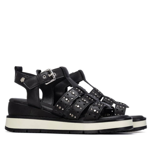 Carmela black leather wedge gladiator style sandals