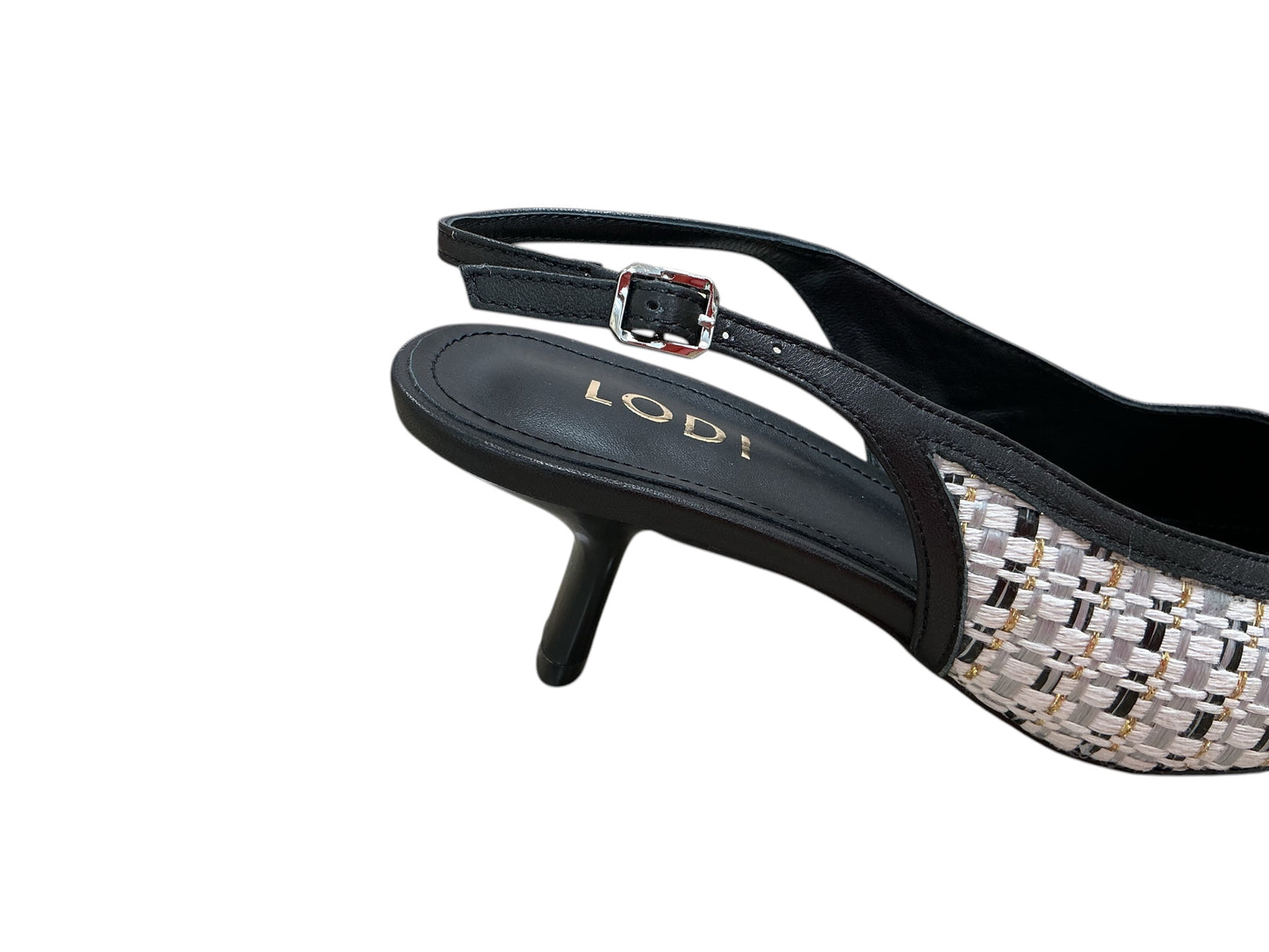 Lodi black leather slingbacks with woven fabric detail