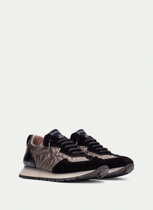 Hispanitas black suede & beige fabric detail slip on sneaker