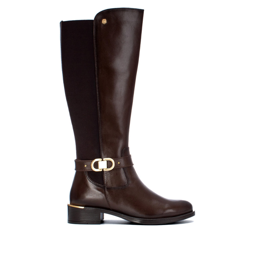 Carmela brown leather and fabric knee high boots