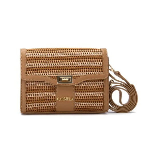 Carmela tan raffia and leather cross body bag