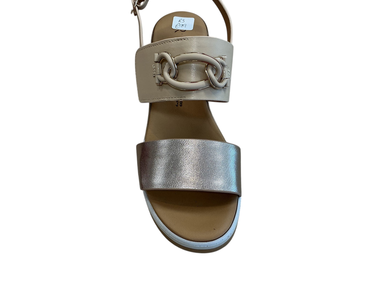 Repo gold and beige leather wedge sandal with chain detailing