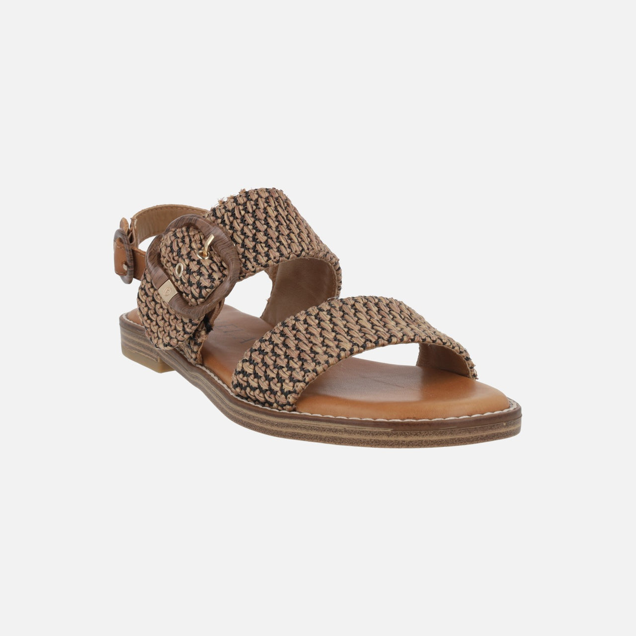 Carmela camel and black raffia and leather sandals