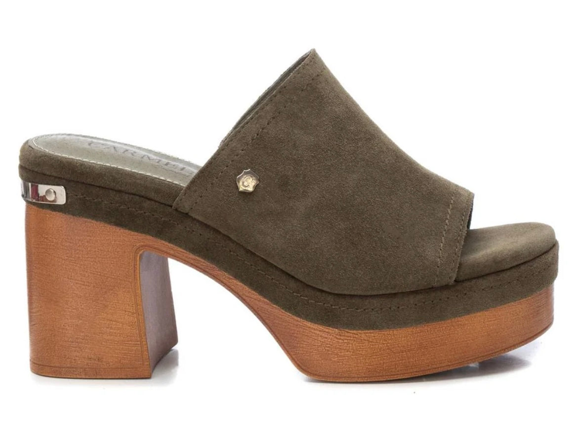 Carmela dark green suede platform mules