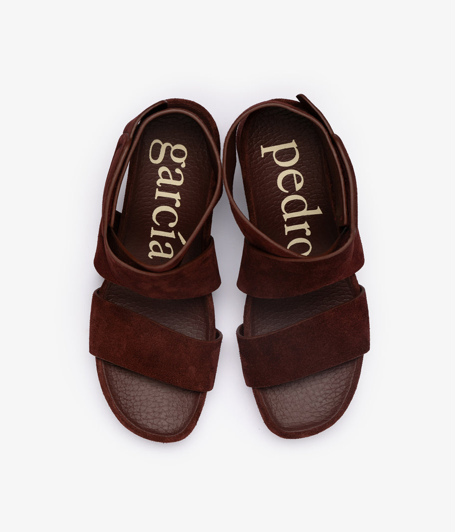 Pedro García burgundy suede wedge sandal with ankle strap
