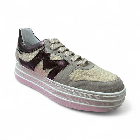 Marco Moreo beige suede & fur platform sneakers with rioga detailing