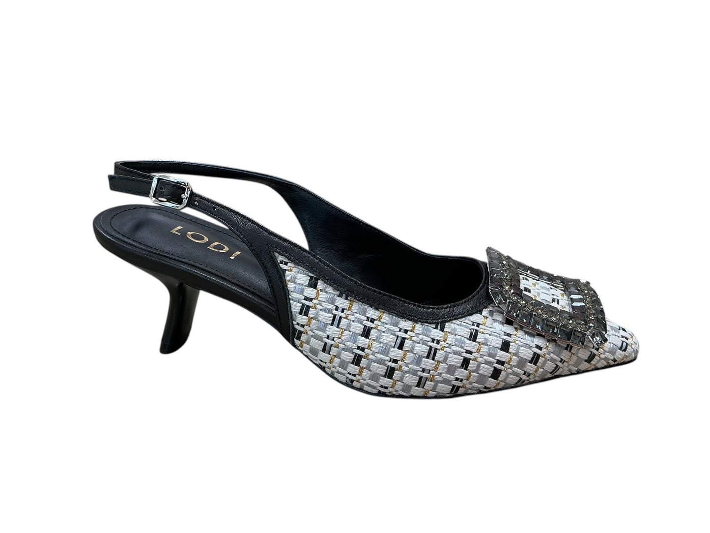 Lodi black leather slingbacks with woven fabric detail