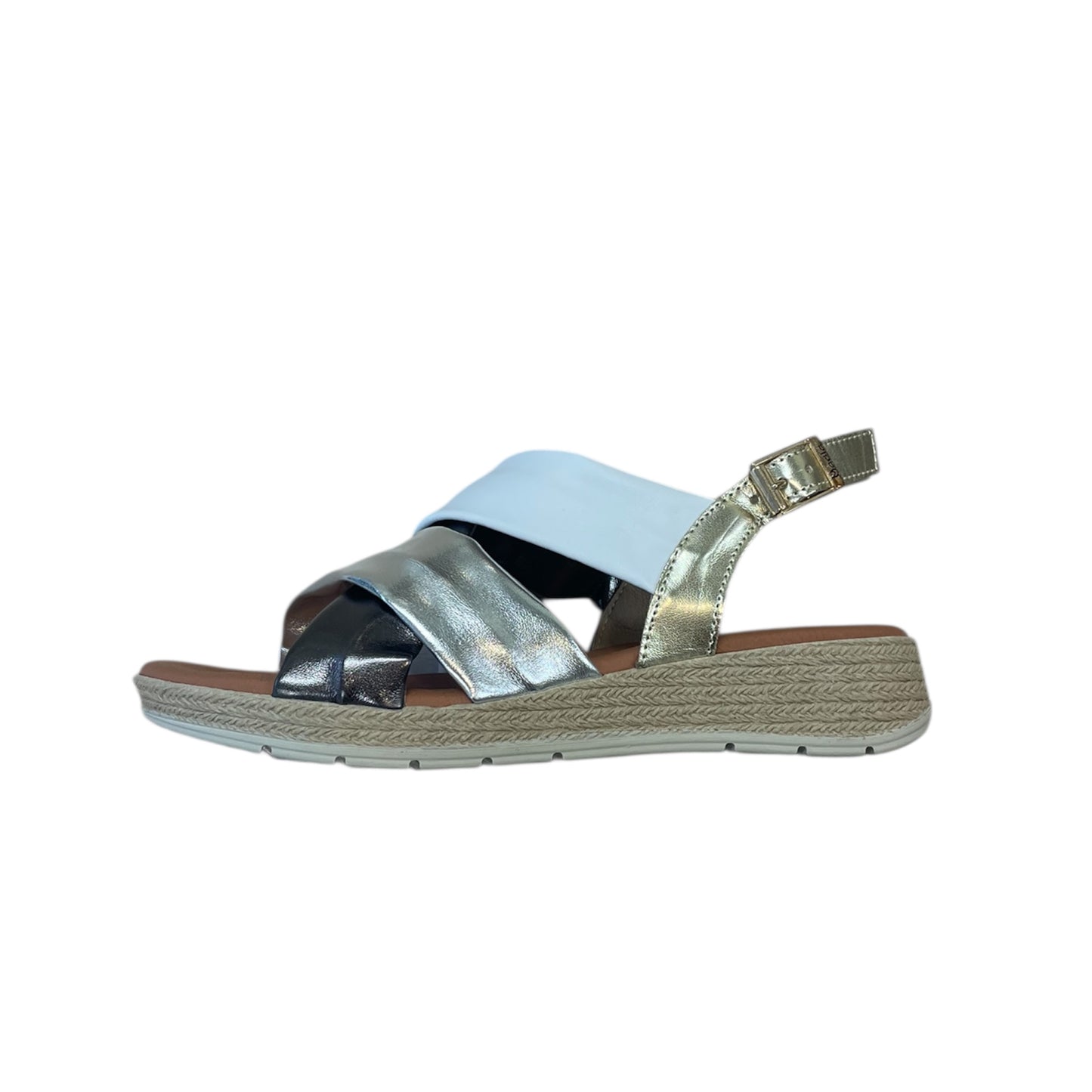 Marila white gold and black leather slingback sandals