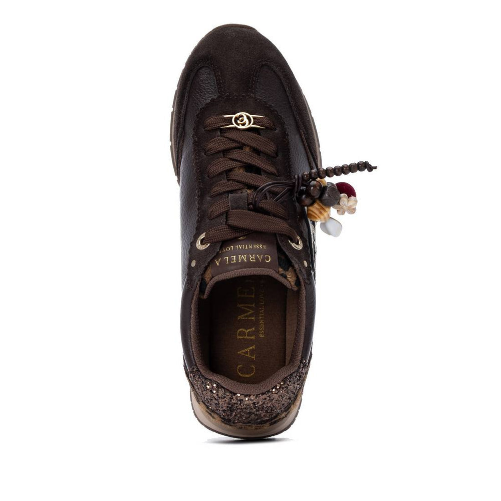 Carmela brown leather sneakers with leopard print and metallic sparkle detail