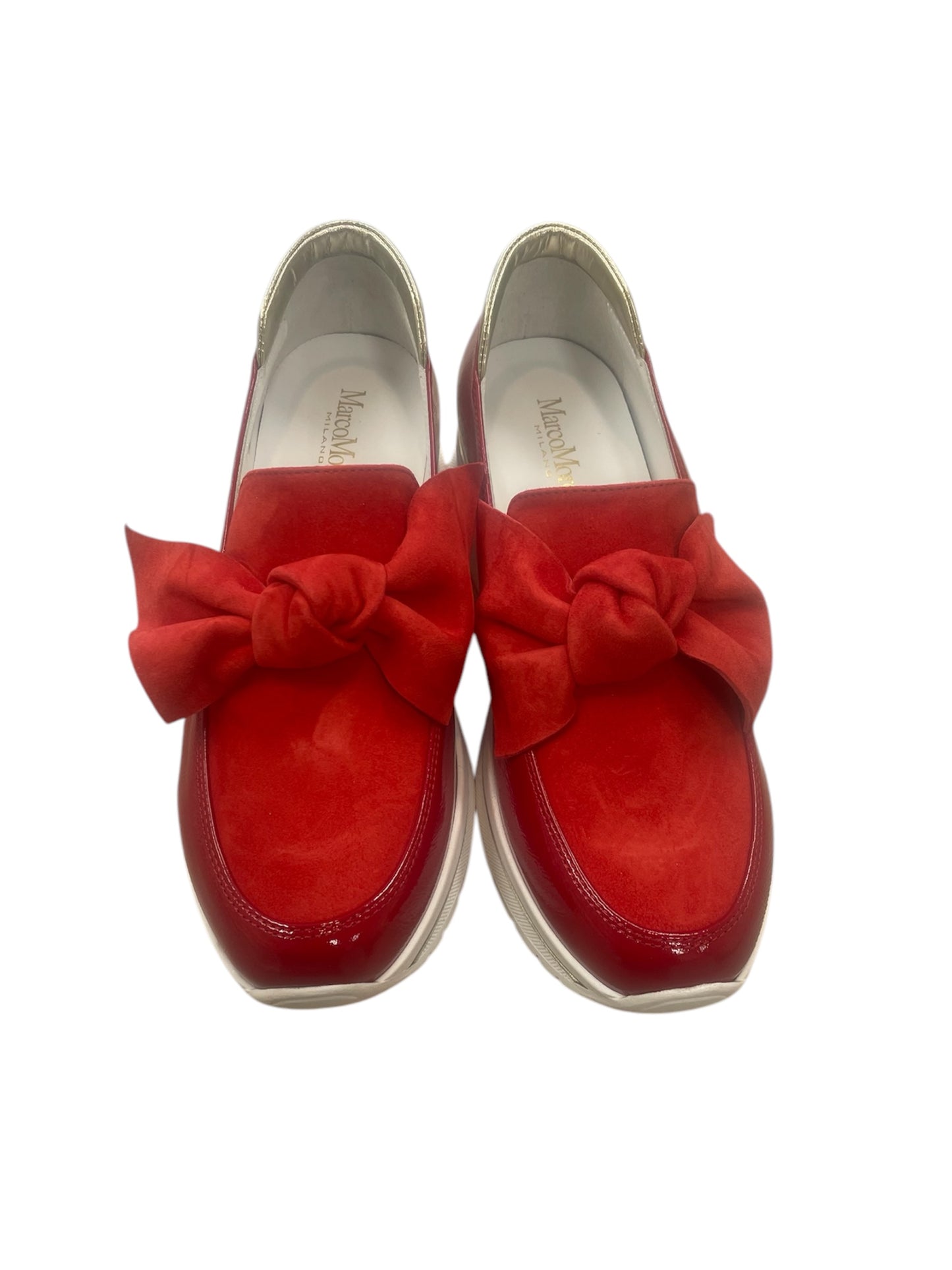 Marco moreo red leather and suede platform loafers