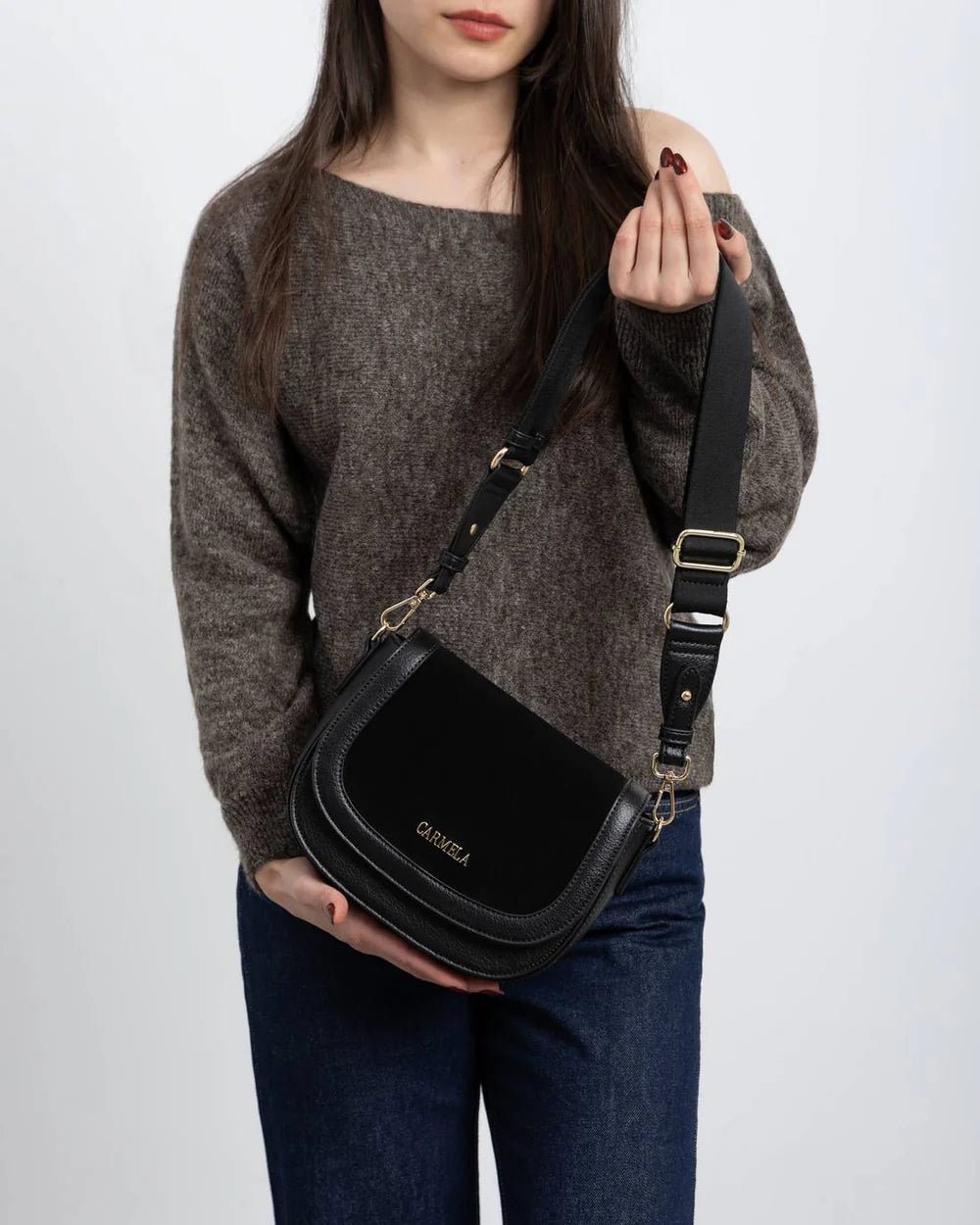 Carmela black leather and suede crossbody bag