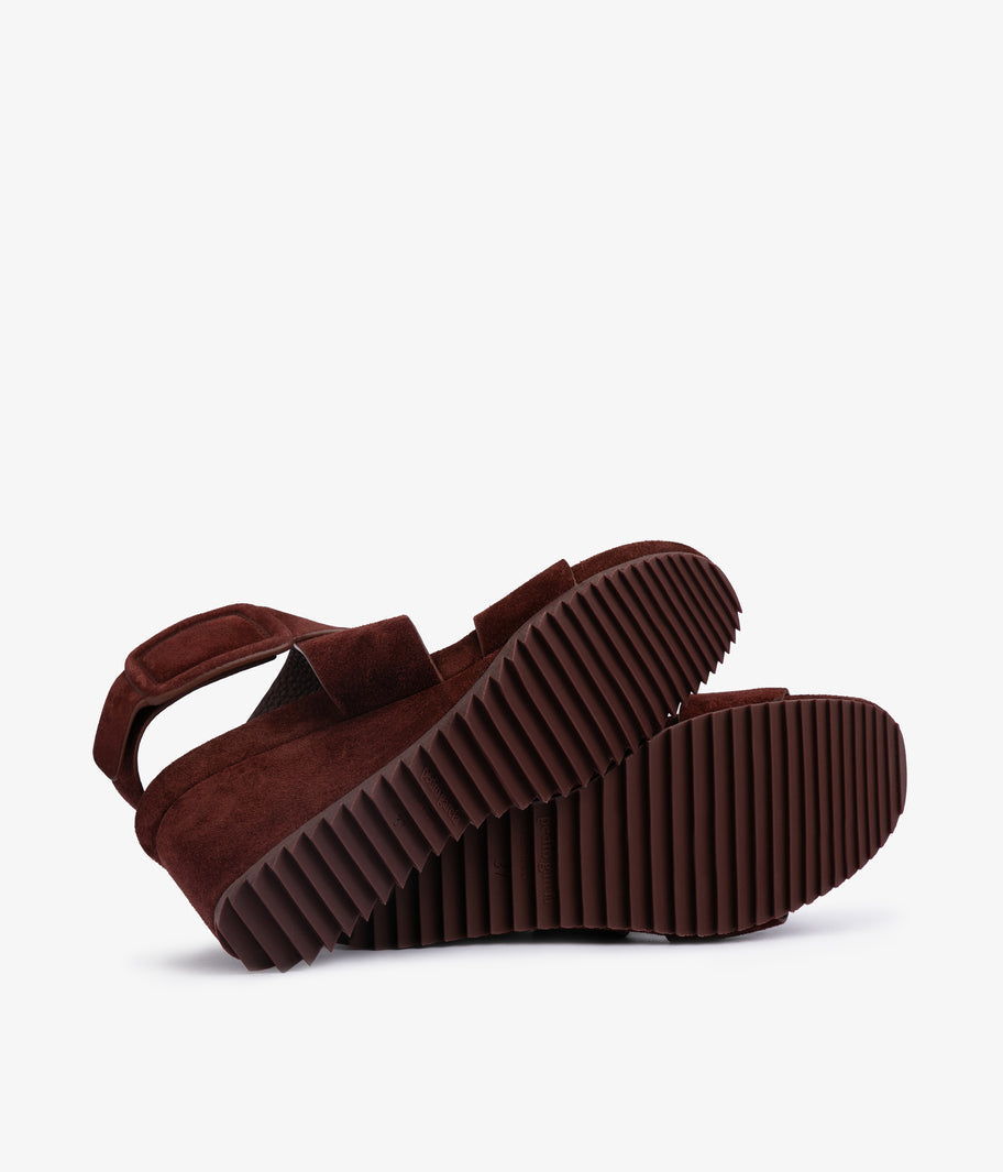 Pedro García burgundy suede wedge sandal with ankle strap