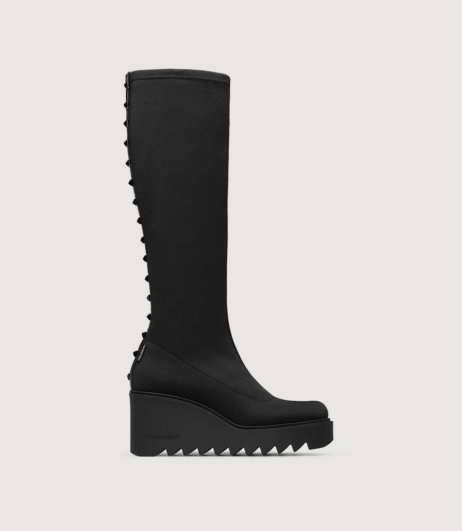 Marco Moreo black knee high stretch with wedge  boots with stud detail