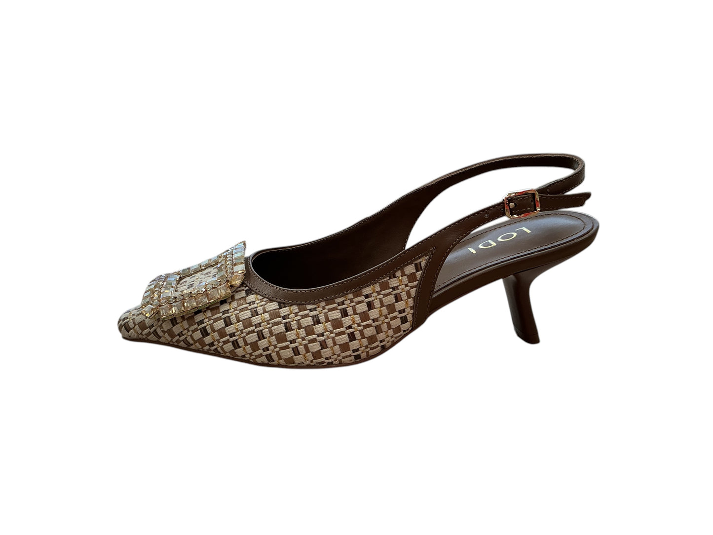 Lodi brown leather slingback with woven fabric detail