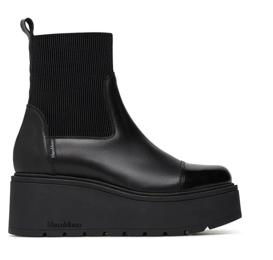 Marco Moreo black leather platform Chelsea pull up boot with patent toe