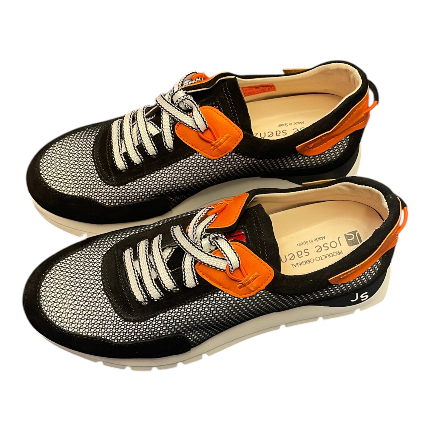 Jose Saenz black silver and orange leather and mesh platform sneakers