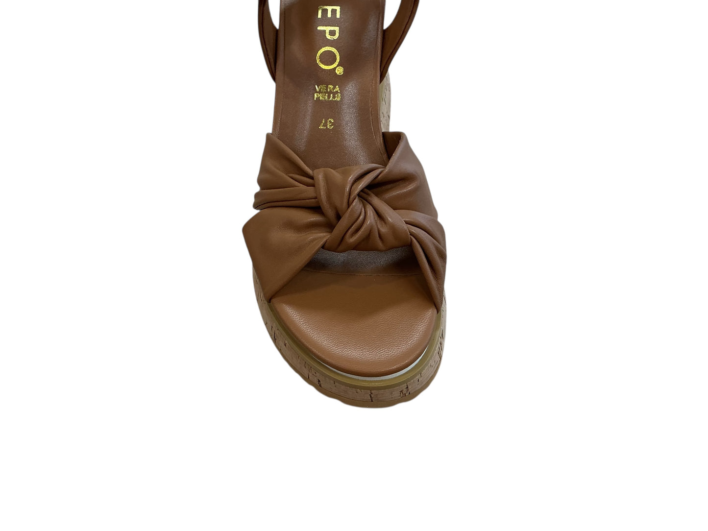Repo tan leather wedge sandal with knot detail