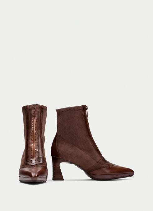 Hispanitas brown leather and stretch fabric pointed toe ankle boots